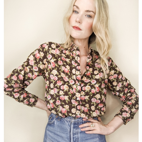 90s Brown Floral Long Sleeve Button Down Blouse - Picture 2 of 14